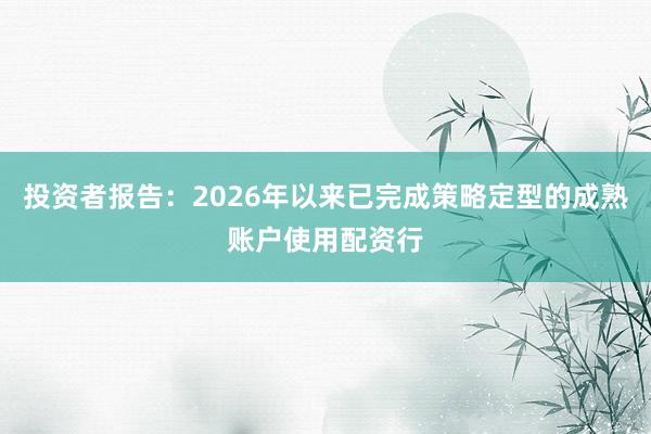 投资者报告:2026年以来已完成策略定型的成熟账户使用配资行